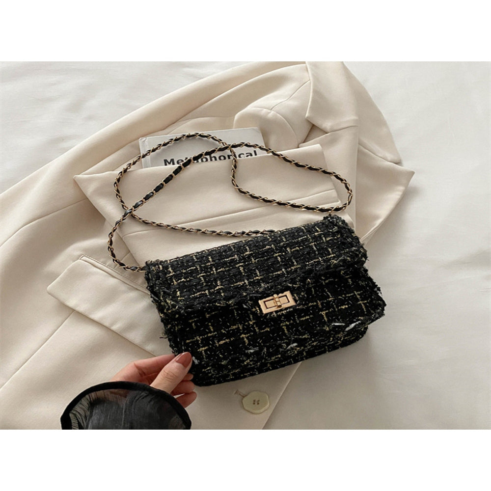 Tweed Chain Strap Crossbody Bag and Luxury Inspired Shoulder Purse for Women