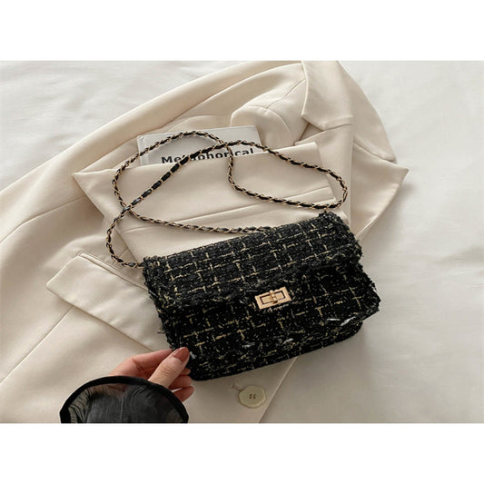 Tweed Chain Strap Crossbody Bag and Luxury Inspired Shoulder Purse for Women