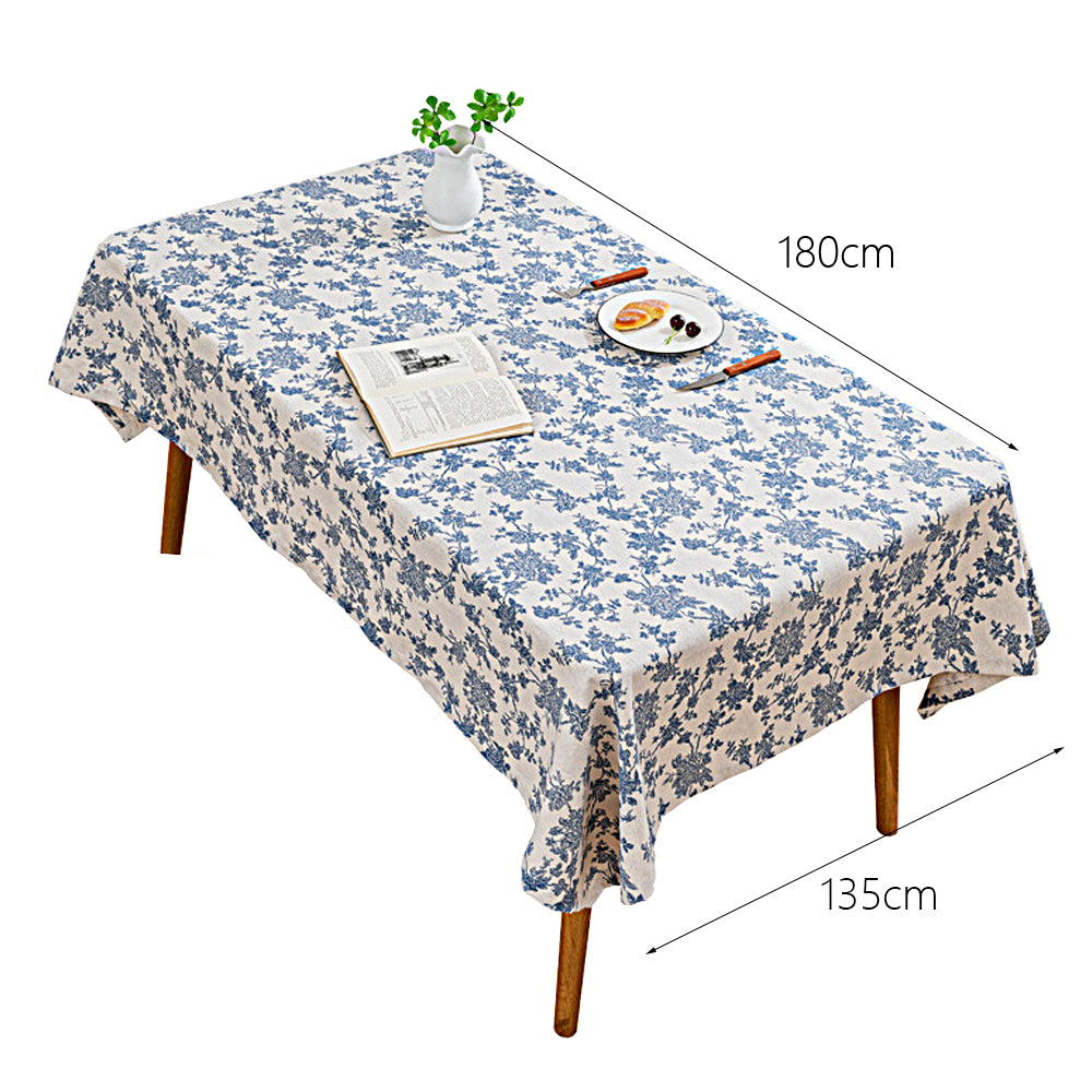 135x180cm Retro Blue Rose Floral Cotton Linen Fabric Tablecloth