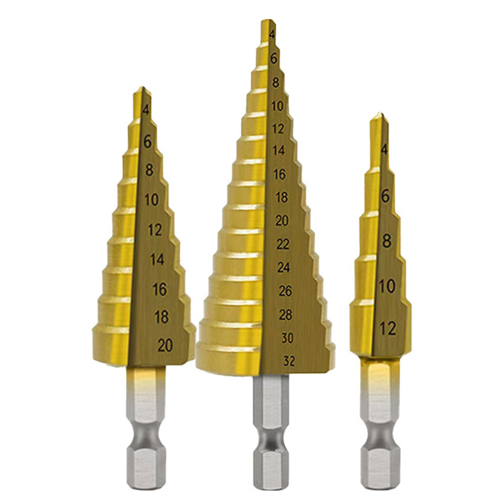 3 Piece Bearing Steel Titanium Coated Conical Step Drill Bit Set