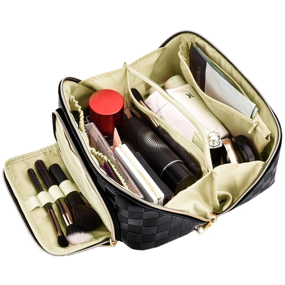 Large Capacity PU Leather Water-Resistant Checkered Cosmetic Bag Travel Makeup Bag