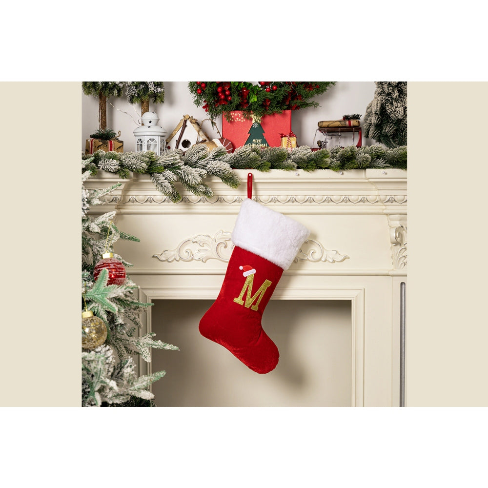 4Pcs Red Flannel Christmas Stocking with Letter Design for Holiday Decor
