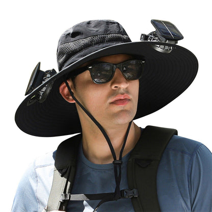 Outdoor Wide Brim Sun Hat with 2 Solar Fans Fans