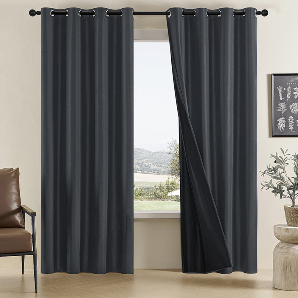 2 Pack 100 Percent Blackout Curtains with Black Liner for Bedroom Living Room and Office-Black