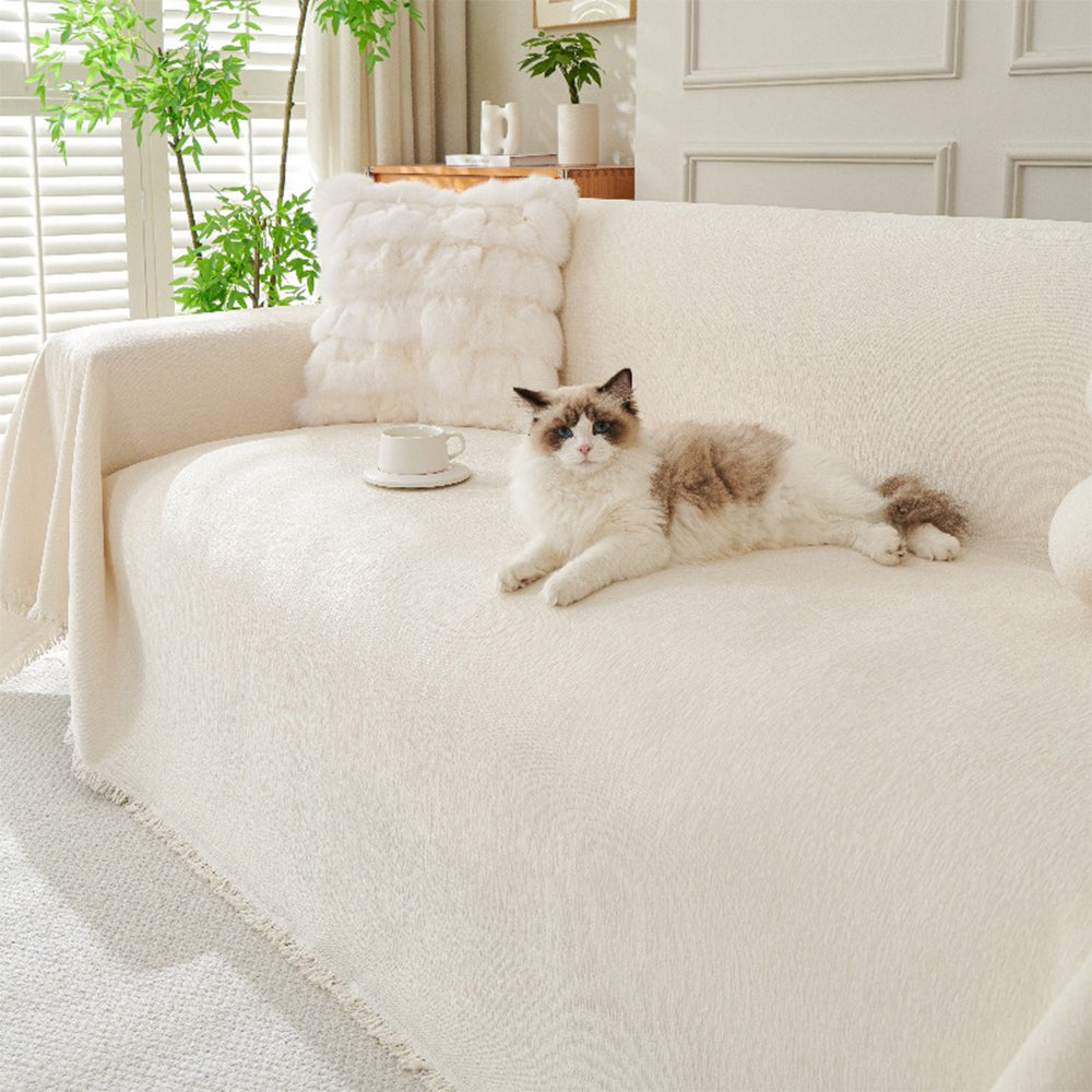 Chenille Sofa Slipcover Washable Couch Cover Sofa Dogs Furniture Protector with Tassels-Beige
