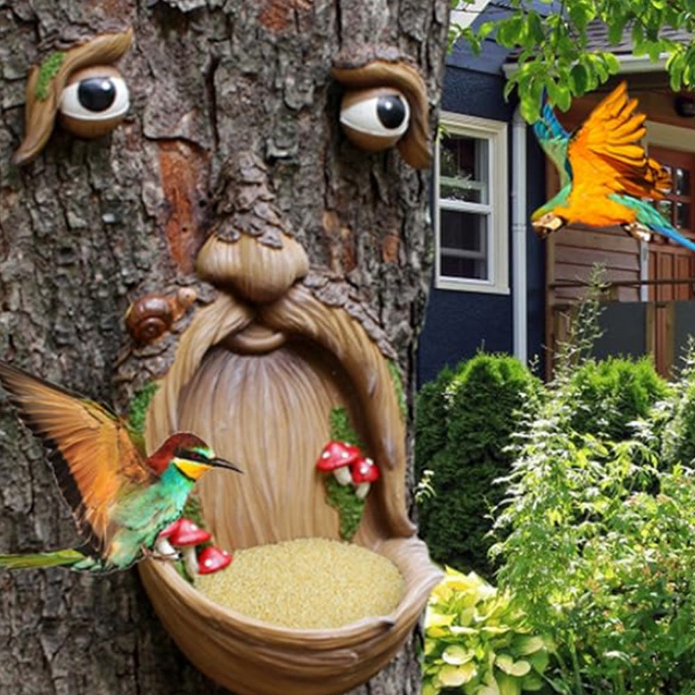 2Pcs Resin Old Man Face Sculpture Bird Feeder for Outdoor Decoration