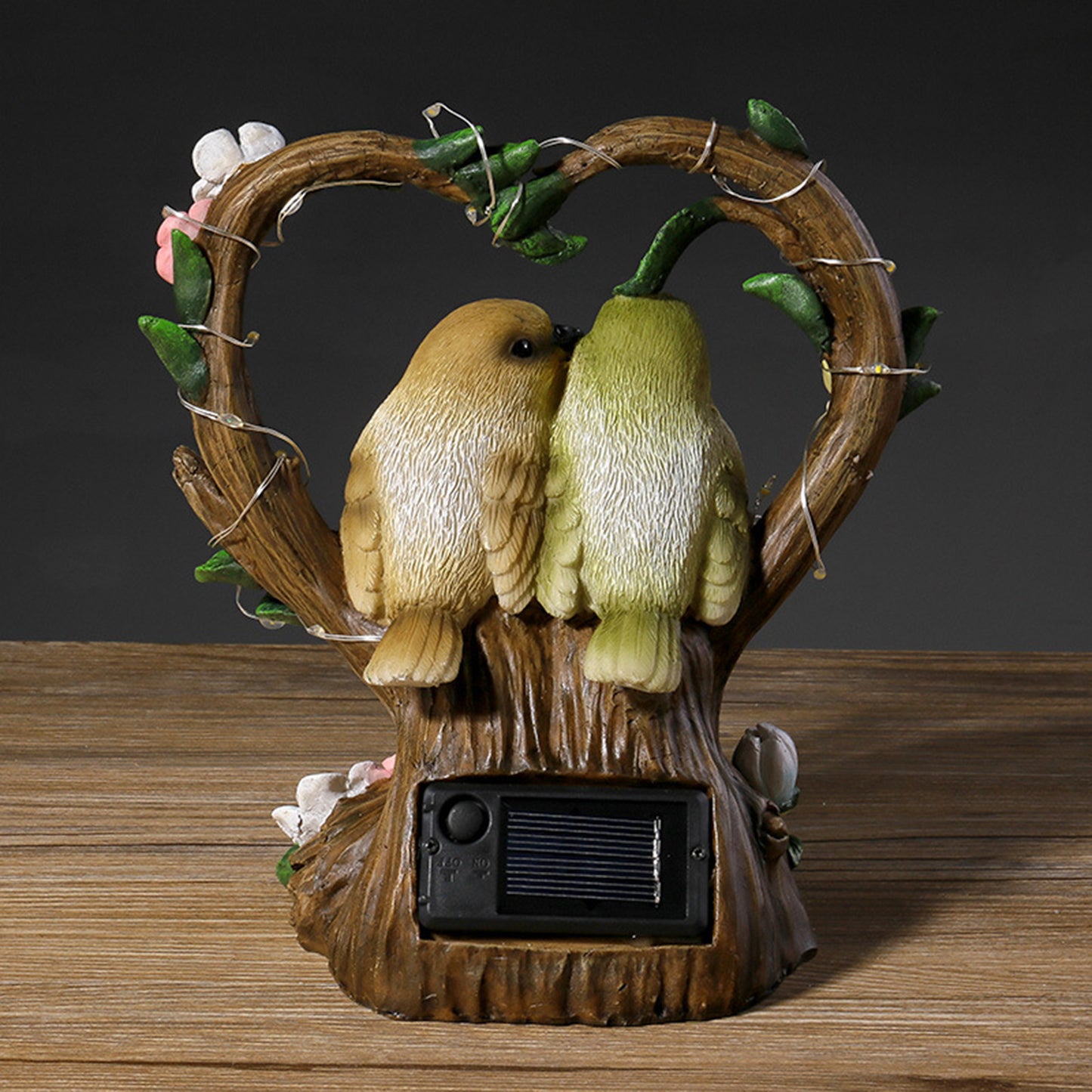 Solar Powered Heart-Shaped Couple Bird Resin Statue Light