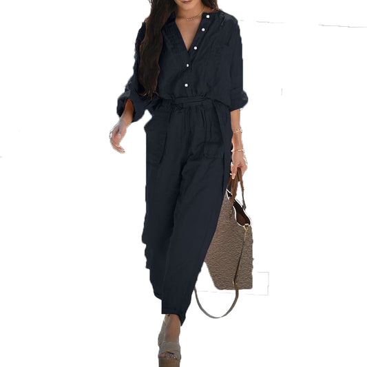 Women's Tie Waist Cargo Jumpsuit Long Sleeve Button Down Romper Overalls