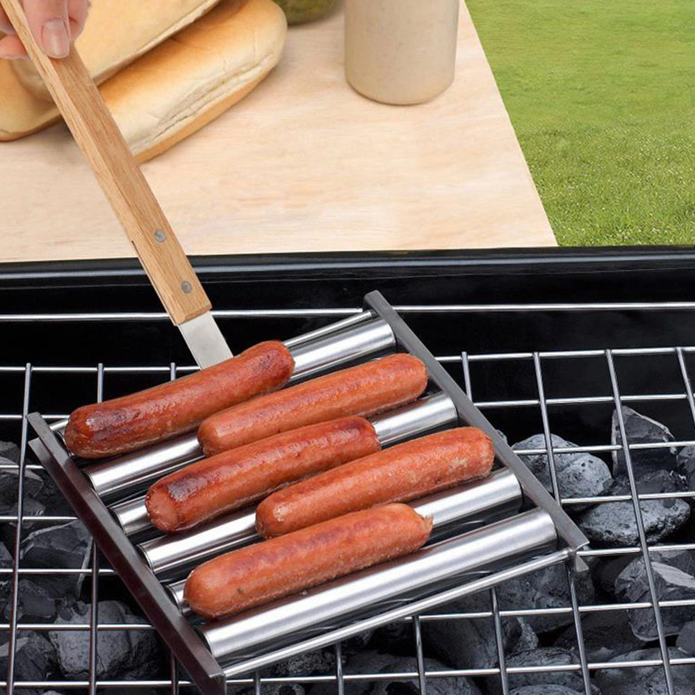 Stainless Steel Hot Dog Grill with Wooden Handle and 4 BBQ Skewers