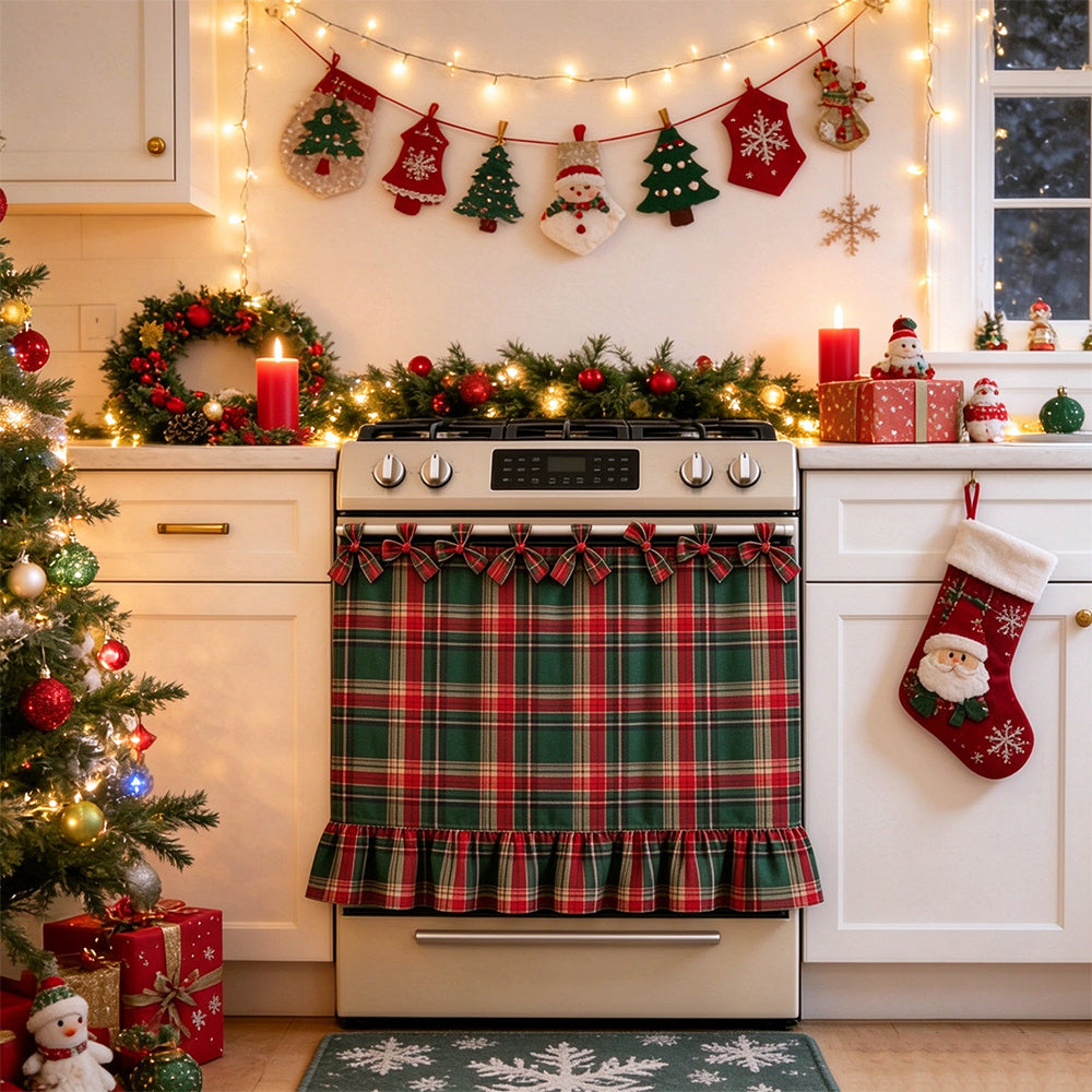 Polyester Cotton Plaid Oven Cover Curtain with Ties for Kitchen