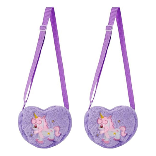 2Pcs Girls Cute Plush Heart Unicorn Embroidery Zipper Crossbody Bag