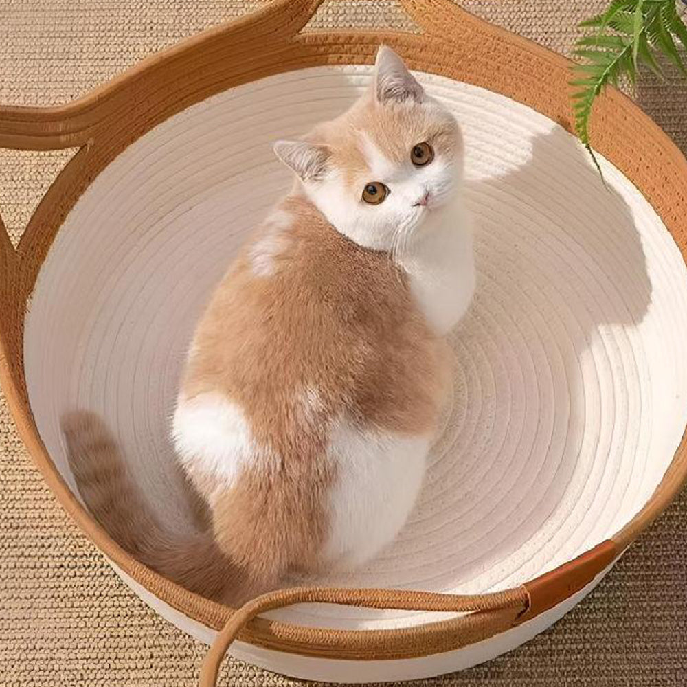 Handwoven Cat Basket Rope Cotton Pet Bed Round Boho Style Cat Bed with Teaser Ball