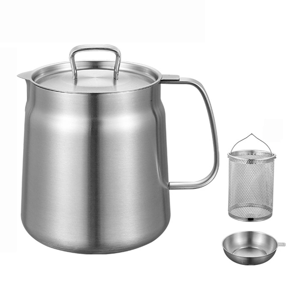 2L Stainless Steel Oil Strainer Storage Pot with Filter Mesh and Cover