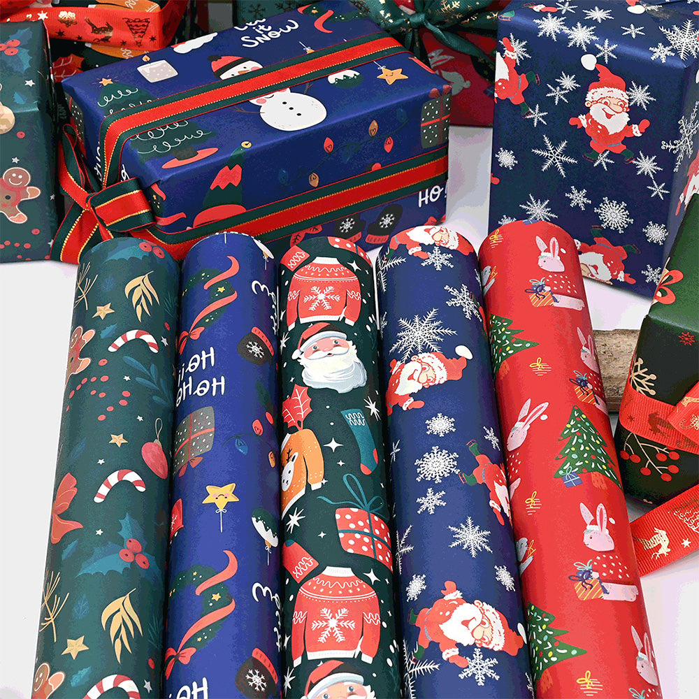 10Pcs Christmas Wrapping Paper Christmas Present Wrap Rolls Cute Traditional Xmas Wrap Paper
