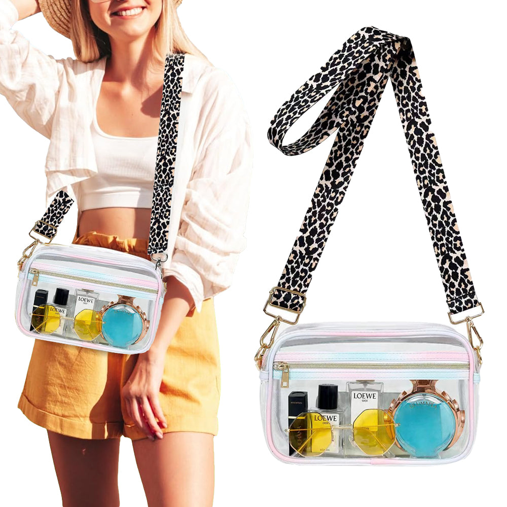 Clear Crossbody Bag Stadium Approved Clear Purse with Leopard Print Shoulder Strap