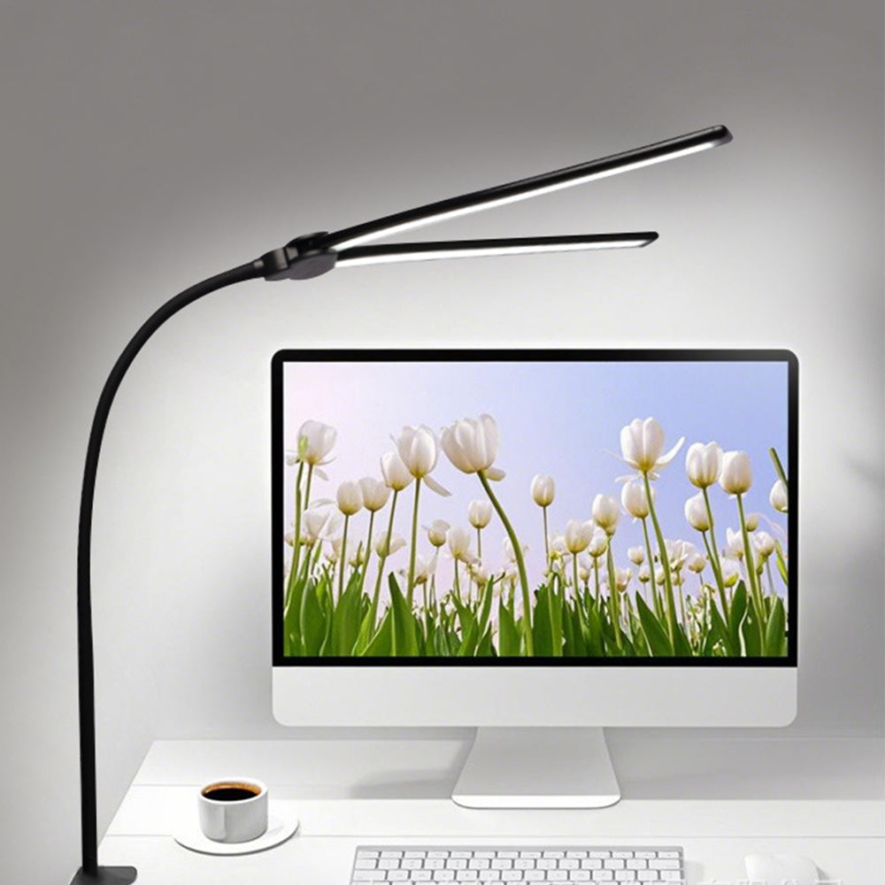 LED Clip Desk Lamp with Double Tube Gooseneck and Stepless Dimming