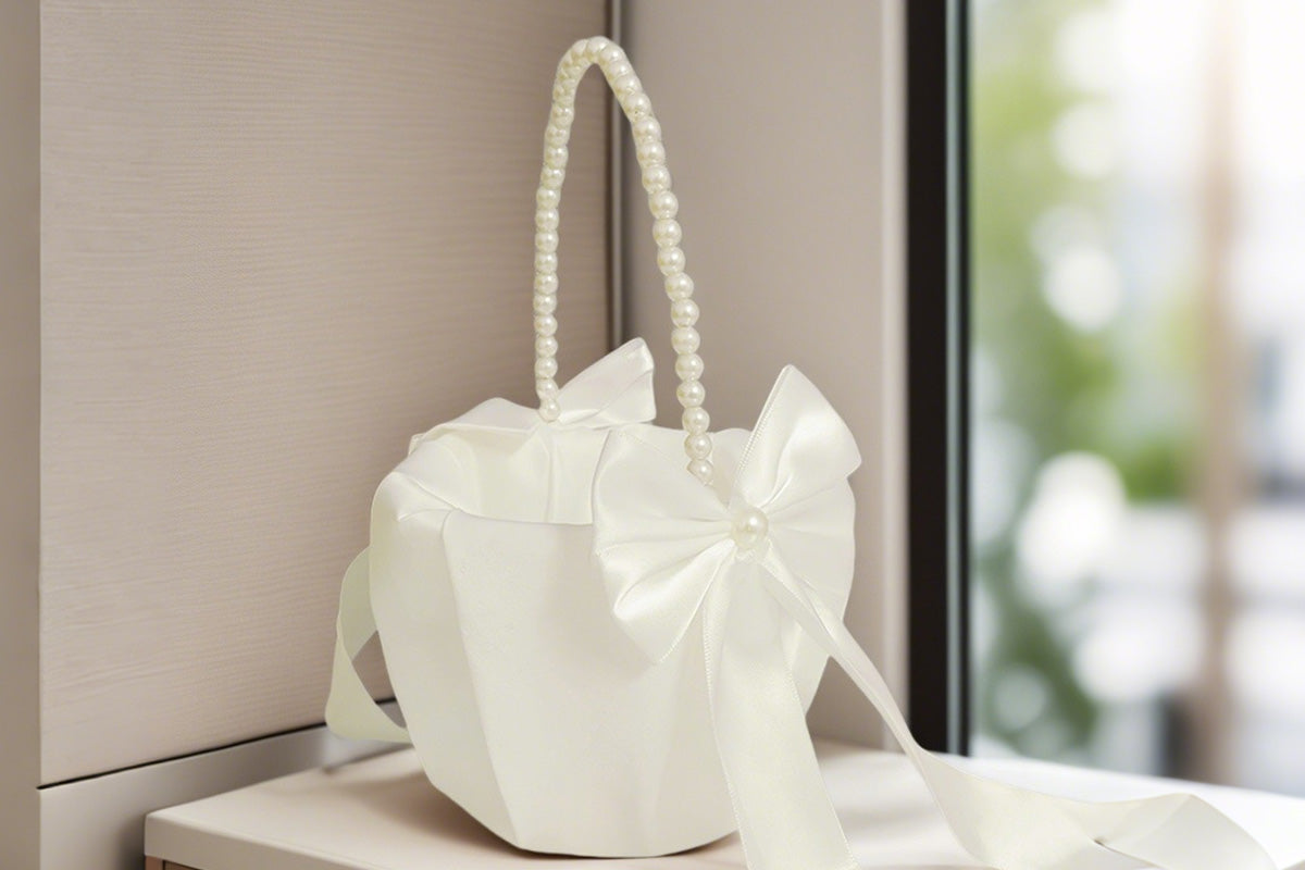Wedding Flower Girl Basket with Pearl Handle Bowknot Satin Ribbon