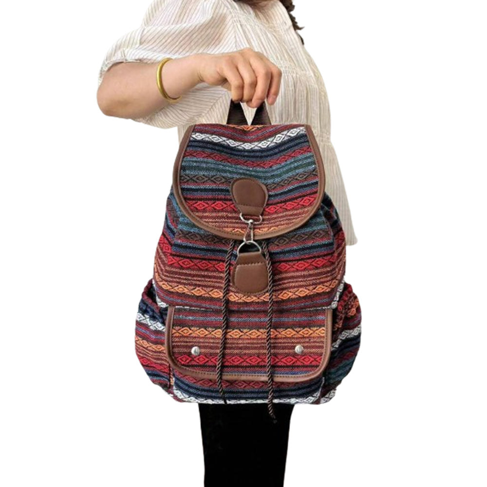 Boho Style Flap Drawstring Backpack