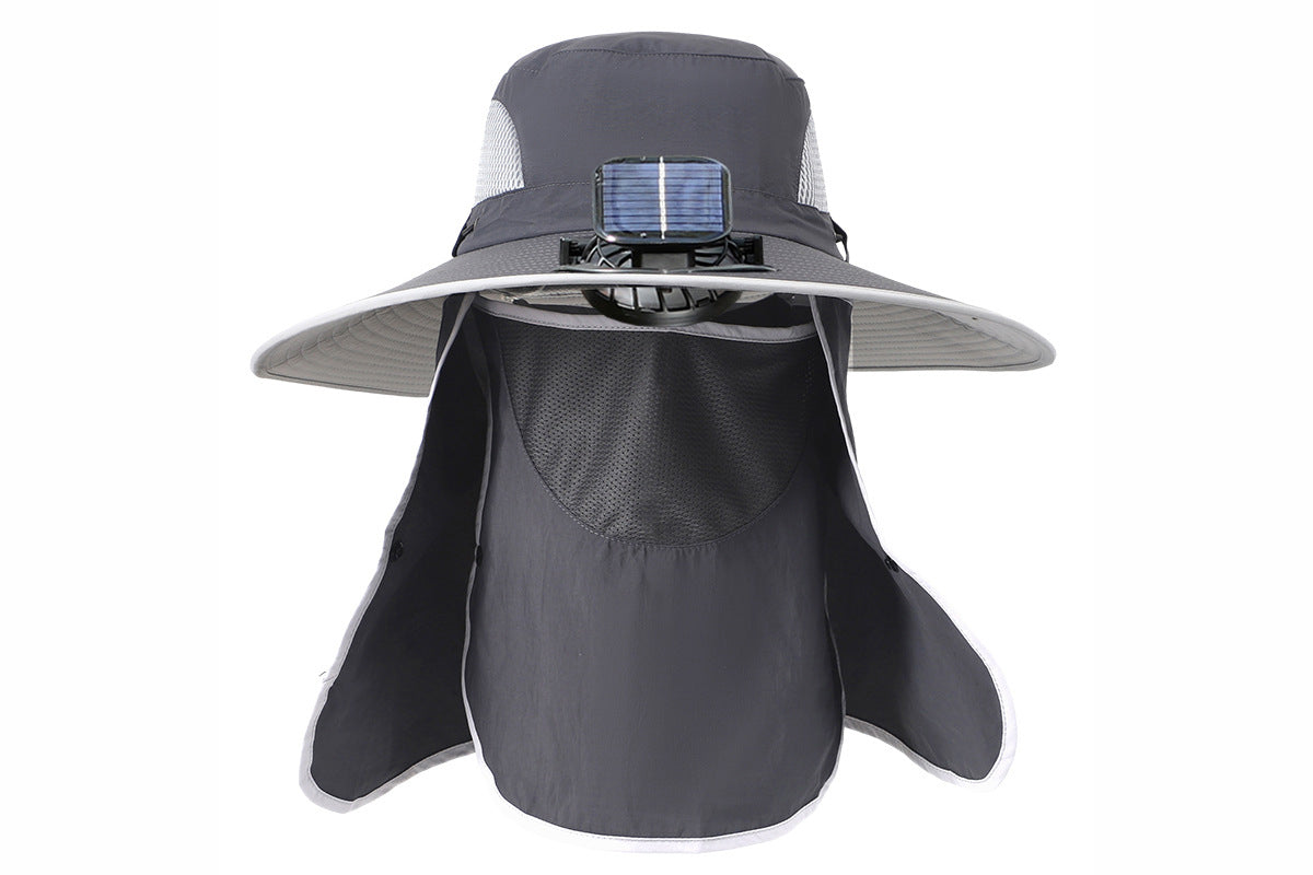 Wide Brim Solar Cooling Fan Hat Outdoor Breathable Mesh Face Cover Neck Shade