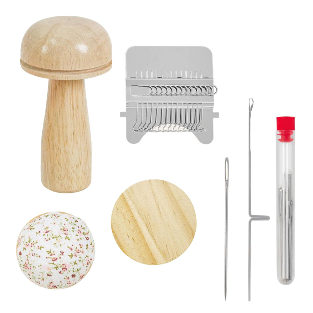 Mini Wood Composite Knitting Loom Darning Mushroom and 50 Color Thread Kit