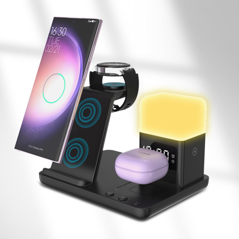 6-in-1 Wireless Charger with Alarm Clock and Night Light for Smartphone/Watch/Earbuds