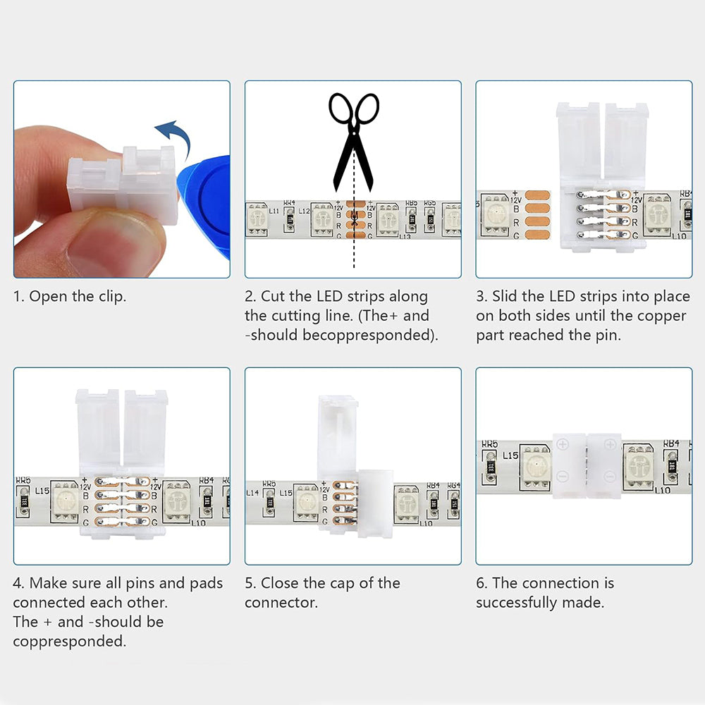 10Pcs L Shape 4-Pin 10mm LED Connectors with 20Pcs Clips for Strip Lights
