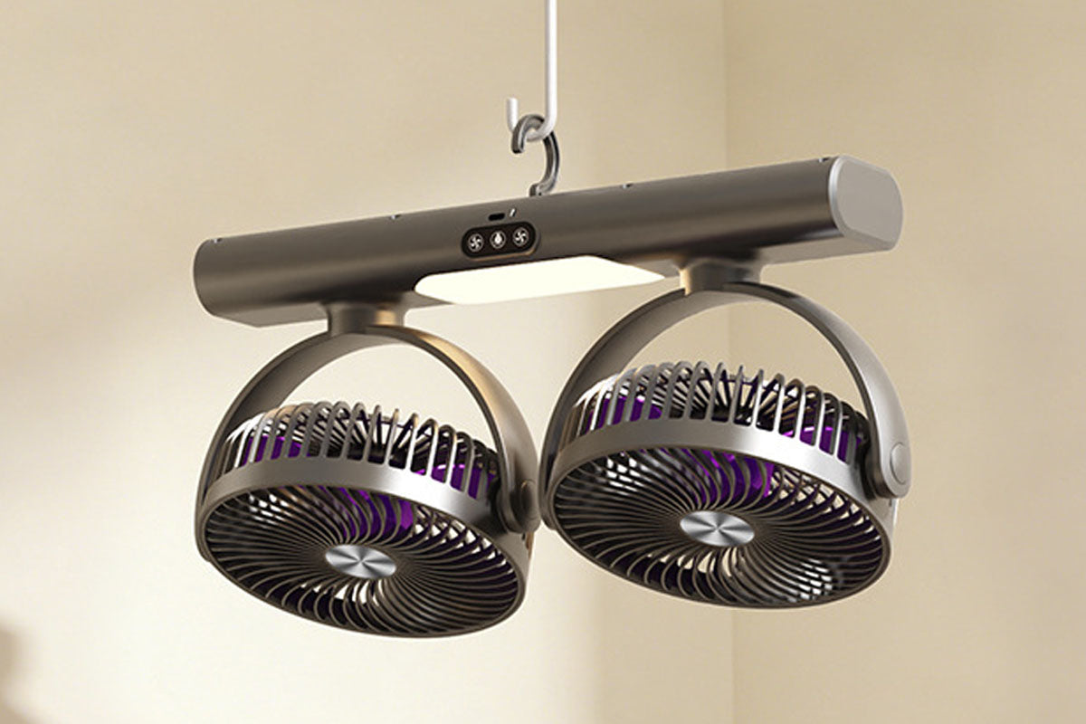 Dual Heads Rechargeable Hanging Fan 3 Speeds Fan with Night Light