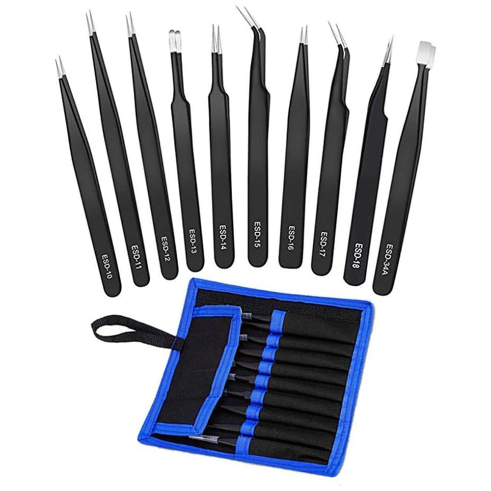 10 Piece Precision Tweezers Set with Bag Stainless Steel Anti Static Tweezers Repair Tool Kit for Electronics