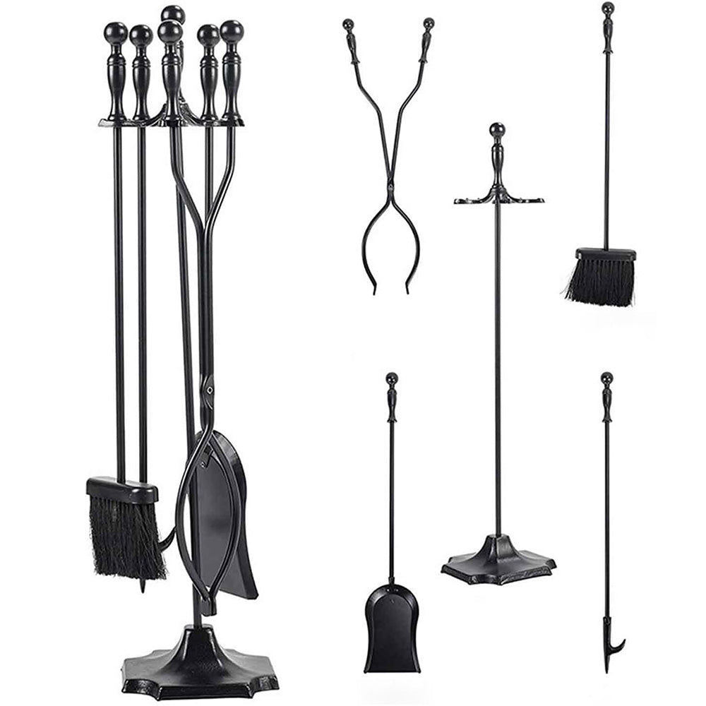 5 Pieces Fireplace Tool Set Wrought Iron With Stand For Indoor And Outdoor Use