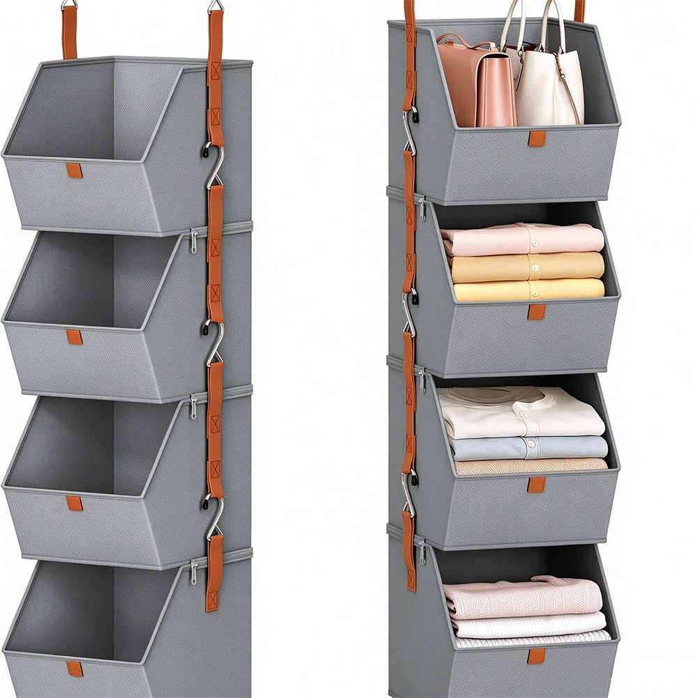4 Tier Hanging Closet Organizer Shelf with Zip Connected Storage Layers