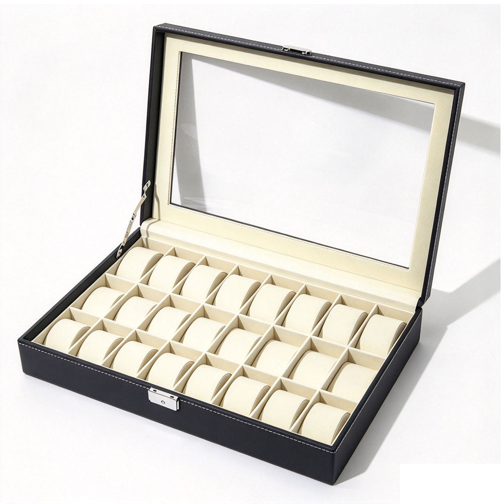 24 Compartment PU and Glass Watch Display Storage Box for Jewelry