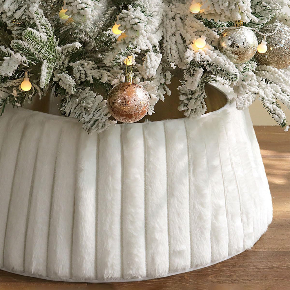White Christmas Tree Collar With Stripe Textured Pattern Christmas Tree Skirt Base