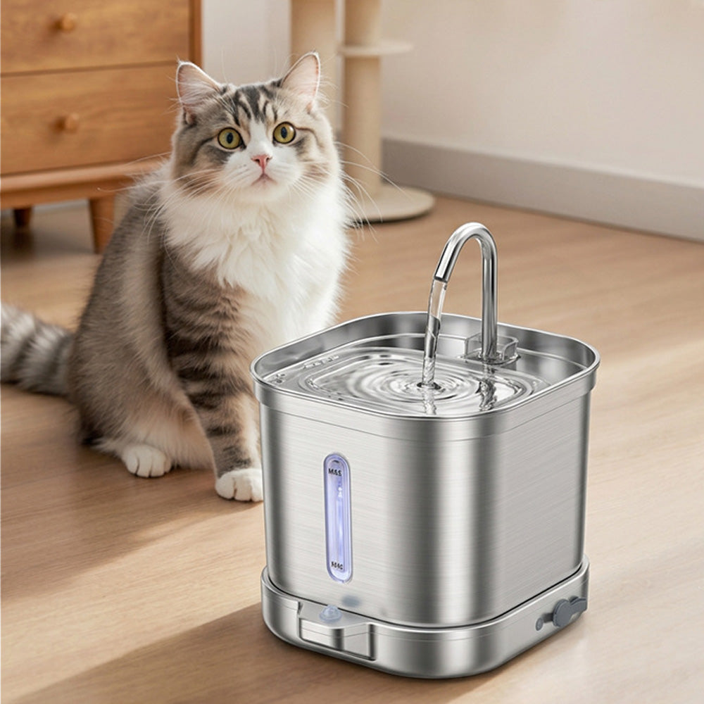 2L Stainless Steel Cat Water Fountain with 3 Modes Wireless Pet Water Dispenser for Dogs Cats