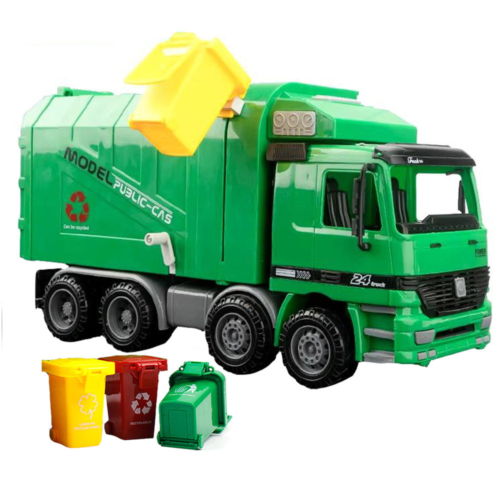 Side Loading Garbage Truck Toy with 3Pcs Trashes Inertia Automatic Lifting Truck