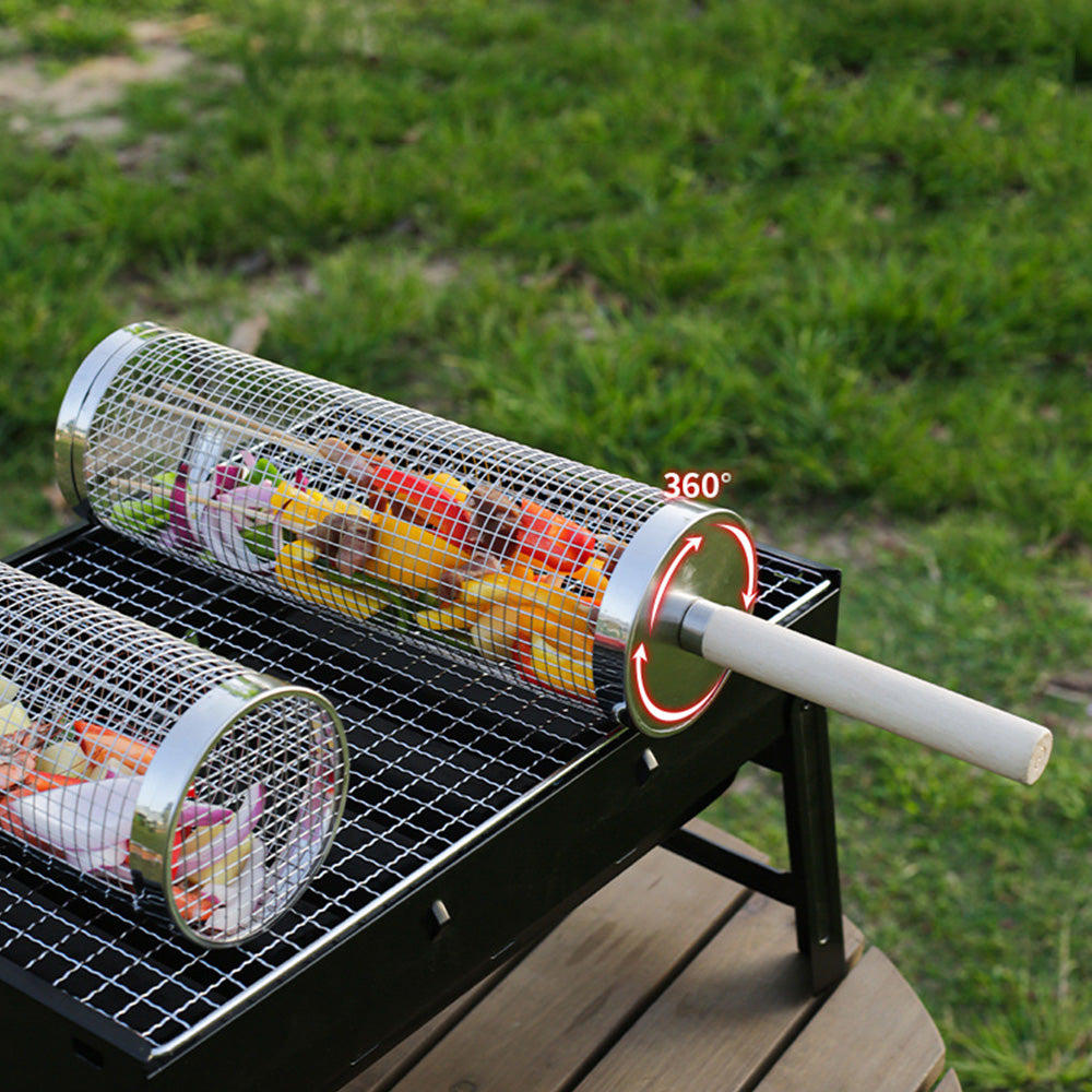 2 Pack Rolling Grill Basket with Wooden Handle Stainless Steel BBQ Accessory