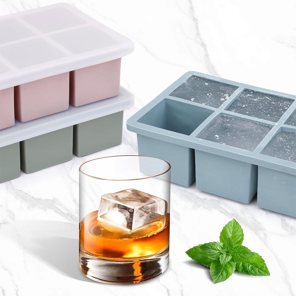 3Pcs Silicone Ice Cube Trays with Lid 6 Cavity Large Square Mold for Whisky Cocktail