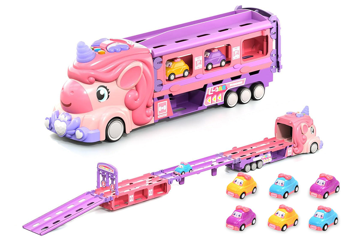 Unicorn Toy Truck Foldable Racetrack with Lights and Sound Birthday Gift for Girls