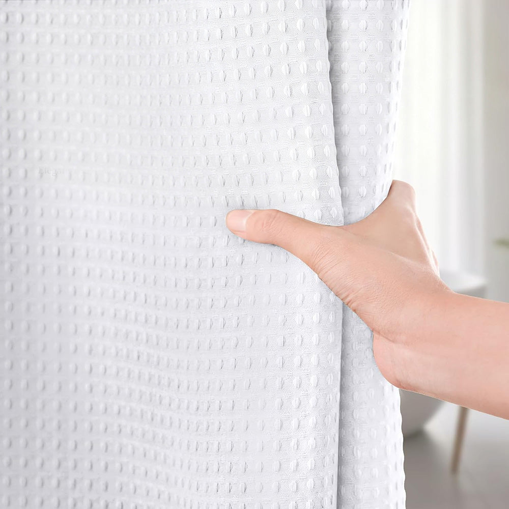 Waffle Weave Water Resistant Shower Curtain with 12 Rustproof Rings-White