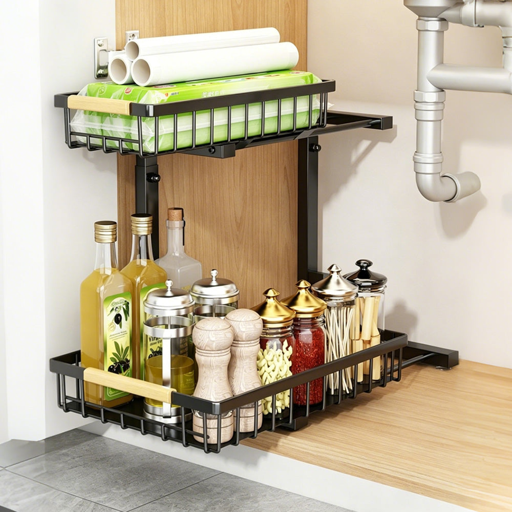 Under Sink Organizer 2 Tier Pull Out Cabinet Storage Slide Out Shelf Metal Sliding Drawer