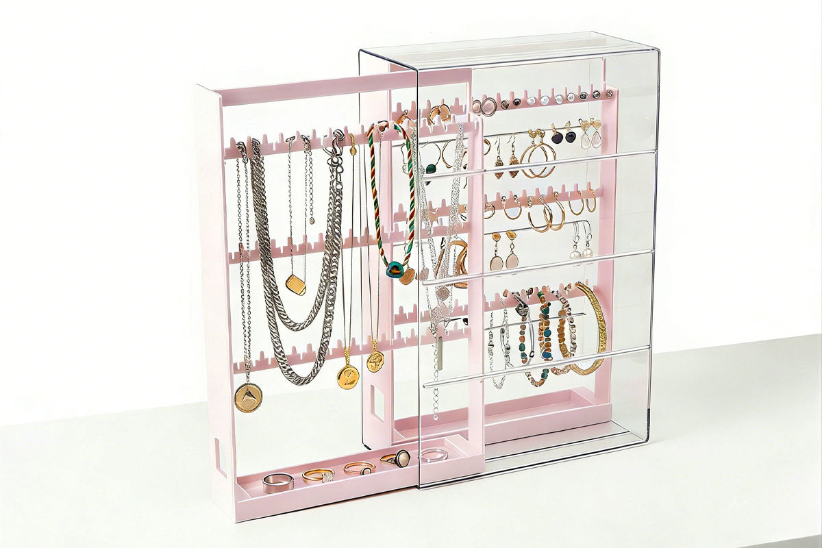 2-Tier Jewelry Organizer with Pull Out Drawer Earring Storage Box Display Case for Earrings Necklace Rings Studs