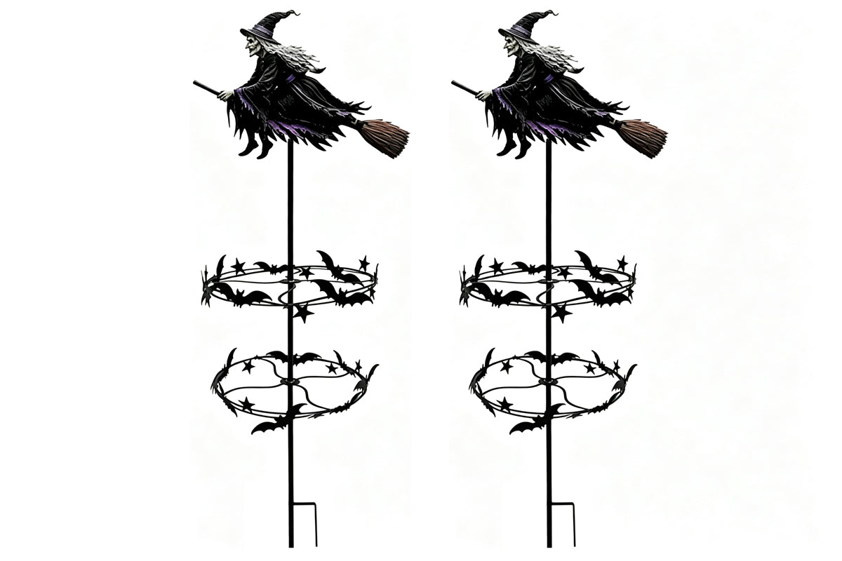 Halloween Witch Wind Spinner Garden Stake Metal Rotating Bat Star Windmill
