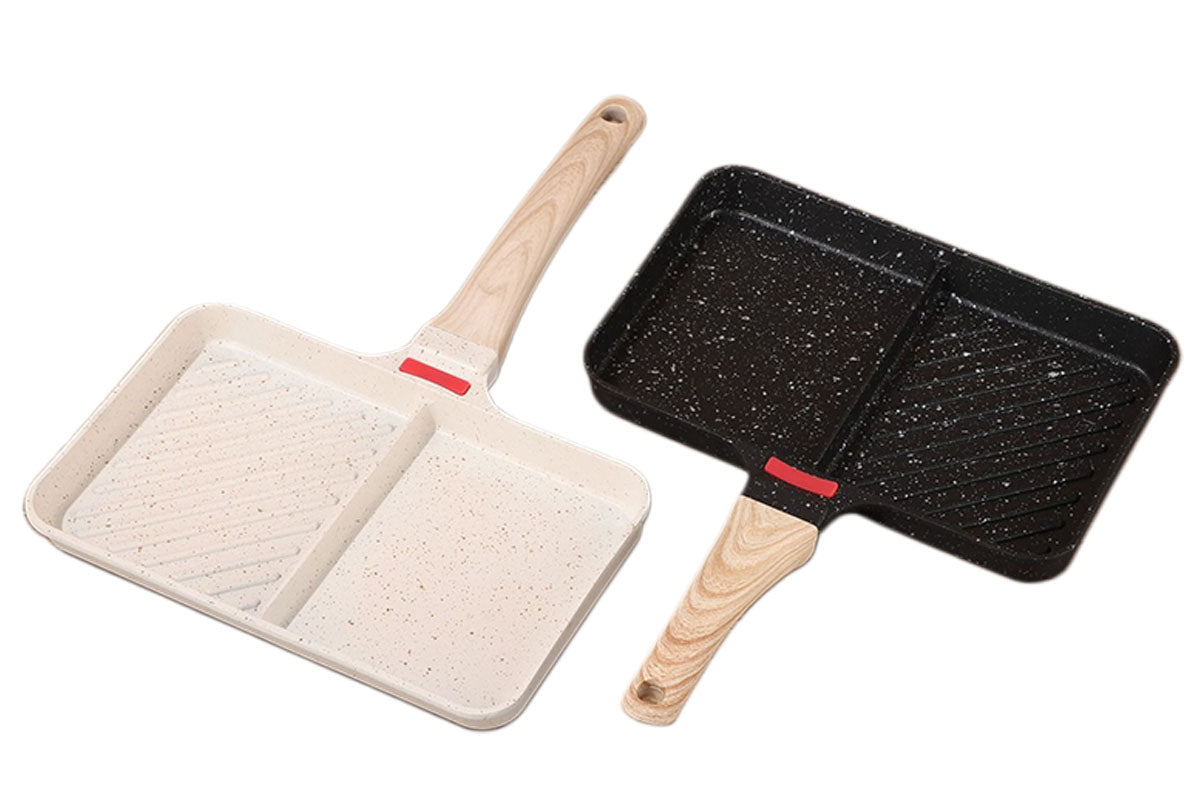 2-Section Grill Pan Dual Zone Non-Stick Grill Pan Frying Pan for Gas and Induction Stoves