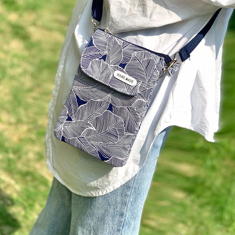 5 Layer Leaf Pattern Canvas Cell Phone Crossbody Bag