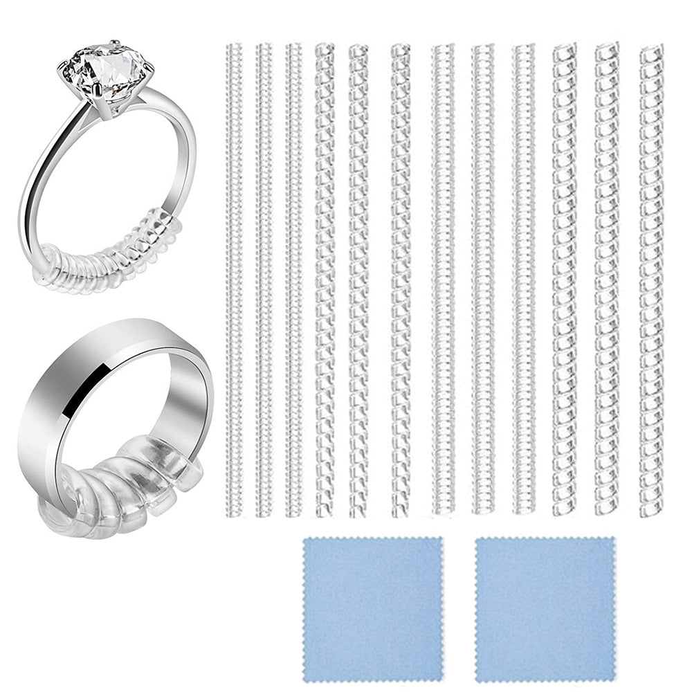 12 Pack Clear Ring Size Adjusters for Loose Rings with 2 Cleaning Cloths for Men Women