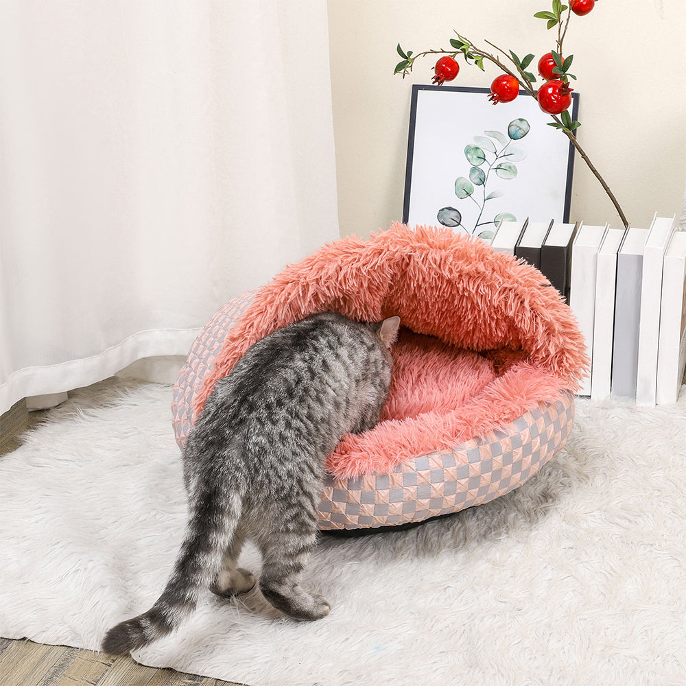 Plush Cushioned Hooded Winter Pet Bed