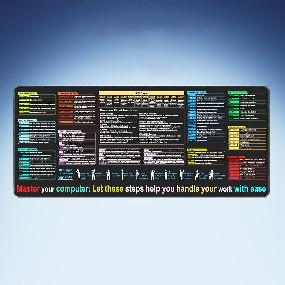 Excel Cheat Sheet Desk Mat Non-Slip Excel Shortcuts Mouse Pad Shortcuts Mouse Mat