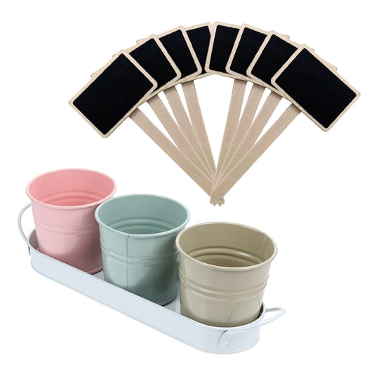 3Pcs Metal Herb Plant Pot with Tray and 10Pcs Mini Chalkboard Wooden Plant Tags Stakes