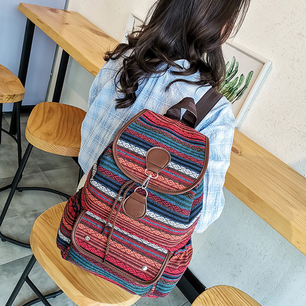 Boho Style Flap Drawstring Backpack