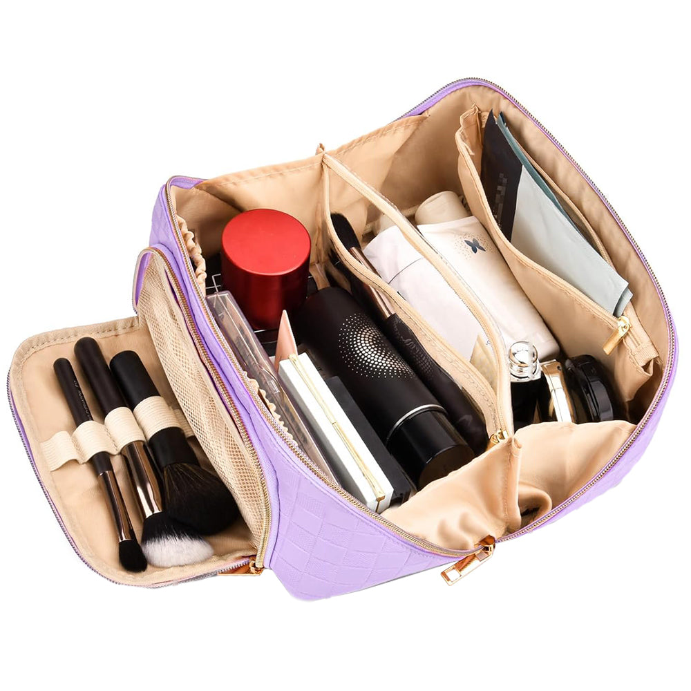 Large Capacity PU Leather Water-Resistant Checkered Cosmetic Bag Travel Makeup Bag