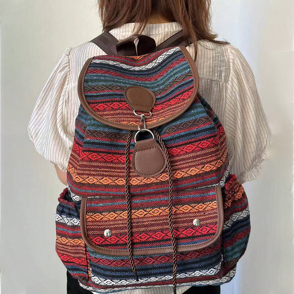 Boho Style Flap Drawstring Backpack